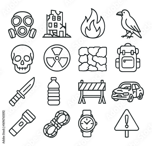 Survival icons: gas mask, fire, radiation, skull, emergency gear - black detailing on gray background