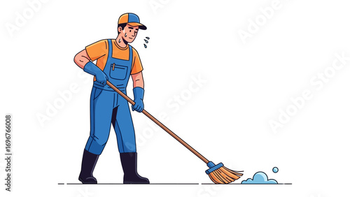 Maintenance in Action: A hardworking janitor, clad in a crisp blue uniform, meticulously sweeps the floor. This illustrated scene perfectly captures the essence of cleanliness and diligence.