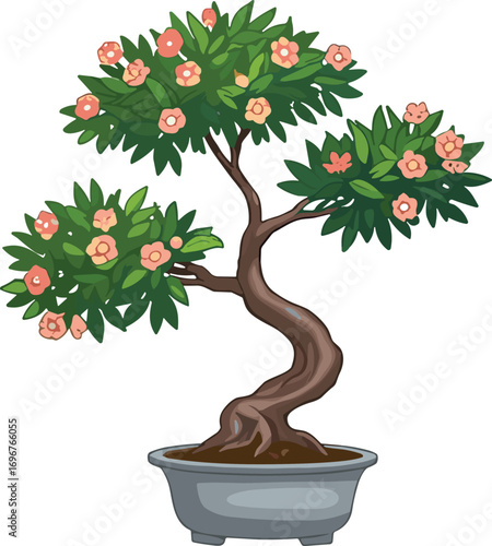 Elegant bonsai tree with twisted trunk, lush green foliage and pink flowers in decorative pot, traditional Japanese miniature plant art for serene home decor