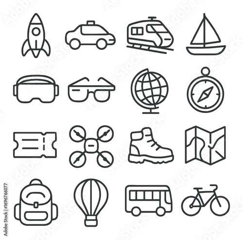 Travel icon set featuring transportation and adventure symbols