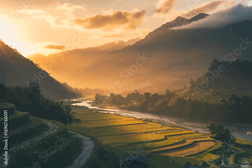 Sunrise over Terraced Rice Paddies