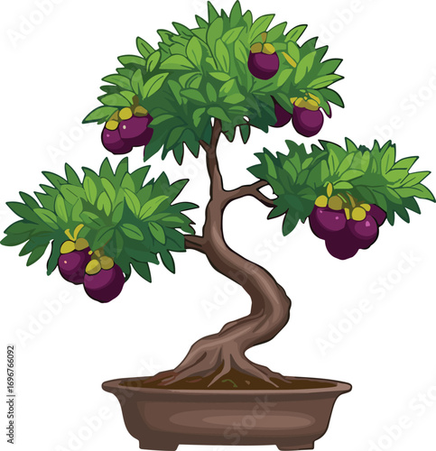 Bonsai tree with twisted trunk, lush green foliage, purple and yellow fruits, miniature potted plant, artistic Japanese gardening, ornamental horticulture, nature-inspired home decor