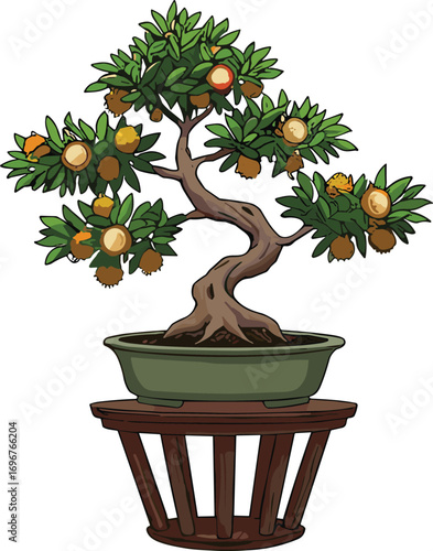 Bonsai tree with acorn-like fruit, twisted trunk, green foliage, wooden stand, stylized botanical illustration, nature concept, decorative plant art