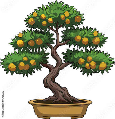 Stylized bonsai tree with twisted trunk, dense green foliage, yellow-orange fruit, traditional pruning, ornamental plant, vector illustration, garden decor, nature art