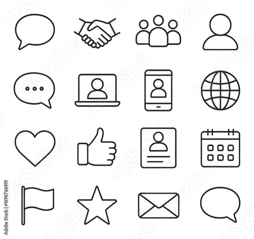 Set of 16 minimalist communication and social media icons on grey background