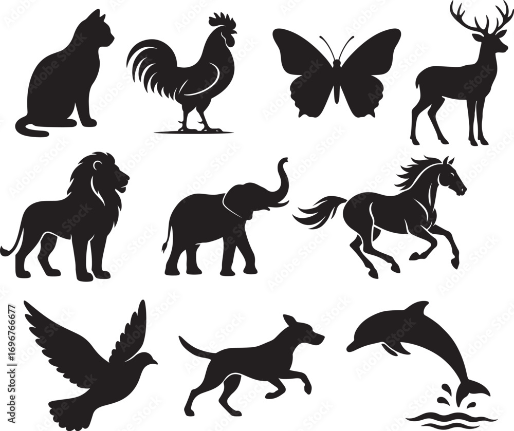 Fototapeta premium Collection of diverse animal silhouettes featuring cat rooster butterfly deer lion elephant horse dog dolphin and dove silhouette
