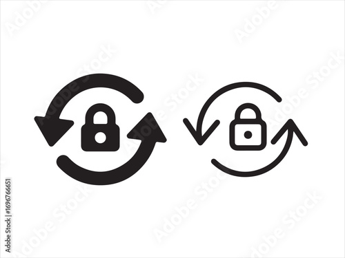Padlock with circular arrows isolated on white background, security concept