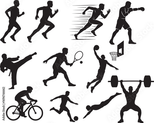Dynamic silhouettes of athletes engaged in diverse sports activities showcasing fitness and healthy lifestyle representation of athleticism and competition silhouette