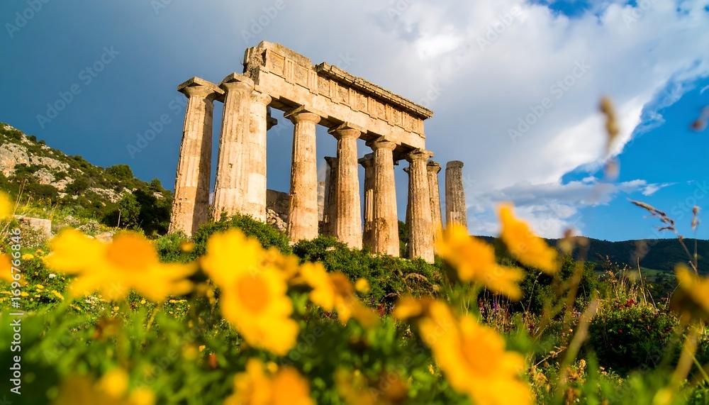Fototapeta premium Ancient corinth ruins juxtaposed with vibrant wildflowers in foreground