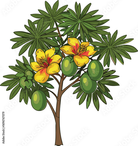 Cartoon fruit tree illustration, green leaves, yellow flowers, red centers, oval fruits, stylized nature design, educational botanical vector, vibrant plant artwork