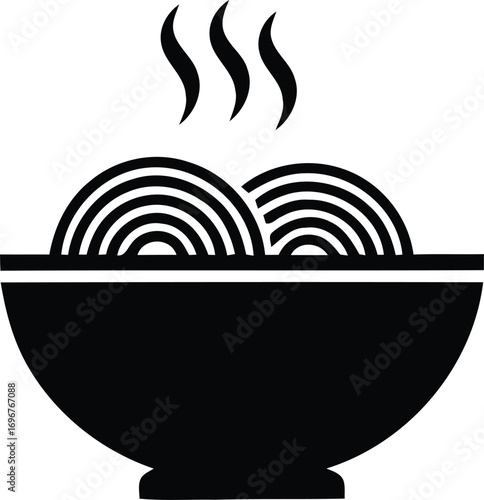 A minimalist black and white icon depicting a steaming bowl of hot pasta or noodles, perfect for restaurant menus, food blogs, or culinary design projects