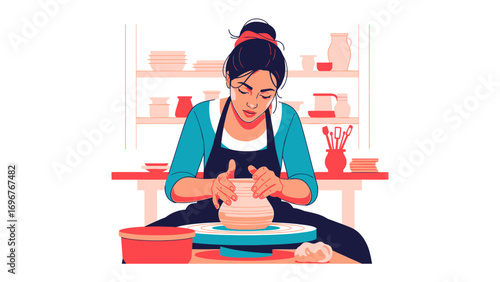 Crafting a Moment: An artist is skillfully shaping a clay pot on a potter's wheel, creating a testament to art and the joy of making. She embodies the essence of passion and creativity.