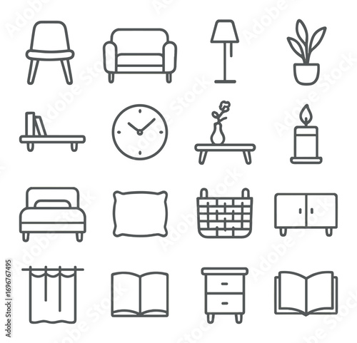 Minimalist home icon set featuring furniture and decor elements