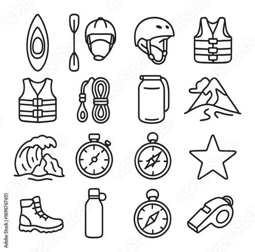 Outdoor adventure icons set featuring kayaking, climbing, and camping equipment