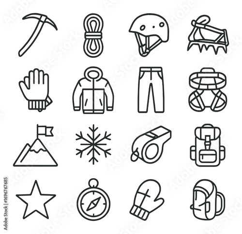 Outdoor adventure gear icons including helmet, rope, climbing equipment, and apparel