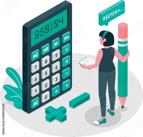 Calculating with calculator and notebook in an isometric style