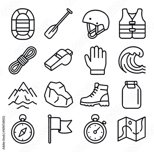 Outdoor adventure icons featuring safety gear and navigation tools on gray background