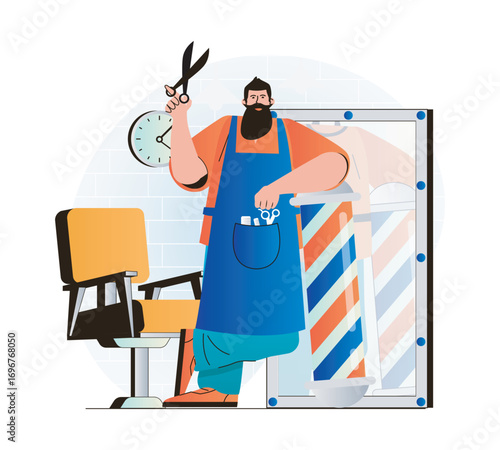 Barber holding scissors near a barber pole and chair
