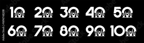 Set of collection numbers 1 to 10 with people element vector illustration. Teamwork element with numbers 10, 20, 30, 40, 50, 60, 70, 80, 90, 100 for greetings, anniversary and more.	