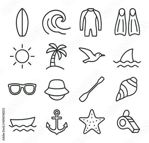 Beach-themed icons: surfboard, waves, palm, anchor, starfish