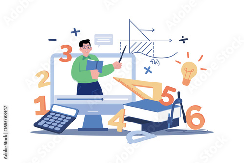 Digital math education with online tutor explaining concepts and equations