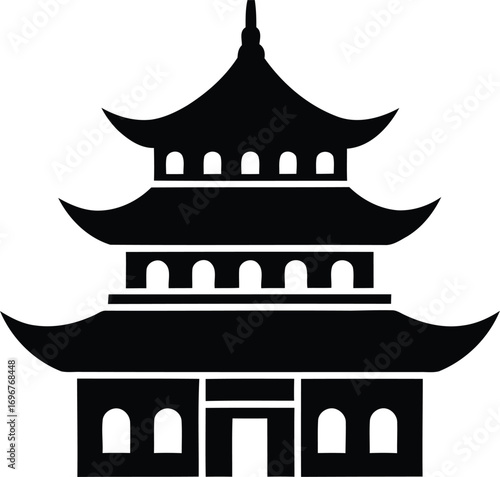 Elegant Black Silhouette of a Traditional Asian Pagoda Temple Icon Vector Illustration Representing Eastern Architecture and Cultural Heritage