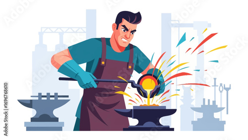 Artisan at Work: A skilled artisan, in a vibrant illustration, is meticulously pouring molten metal onto an anvil, the sparks adding a dynamic energy to the scene. Capturing the raw power of creation.