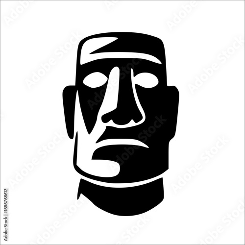 Stylized black and white illustration of a Moai statue head, featuring simplified shapes and a strong, iconic silhouette.