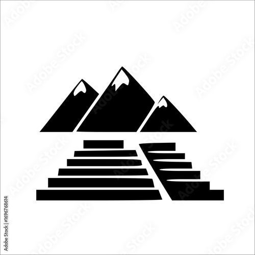 Symbolic black and white illustration of mountains and stepped pathway, representing a journey.