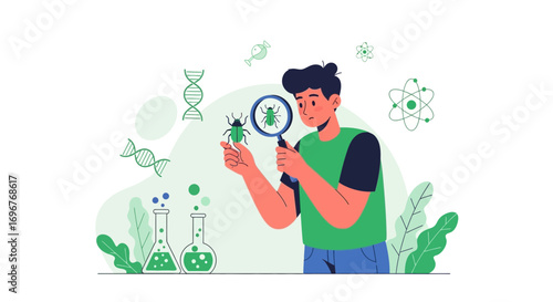 Entomologist Examining Insect Details With Magnifying Glass And Essential Laboratory Elements