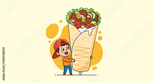 Enthusiastic Youngster Excited To Hold Giant Delicious Shawarma Cartoon Illustration