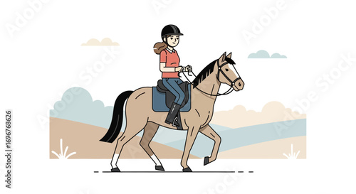 Equestrian Adventure: A Woman Riding a Horse Enjoying a Calm Outdoor Journey