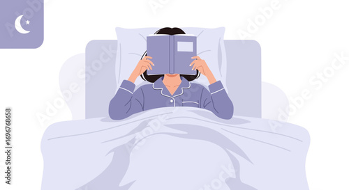Evening Reading Illustration: Woman Relaxes in Bed Enjoying Book Before Sleep