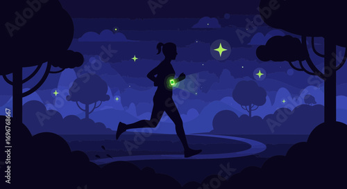 Evening Run: Silhouette Of A Person Jogging Under A Night Sky With A Smartwatch