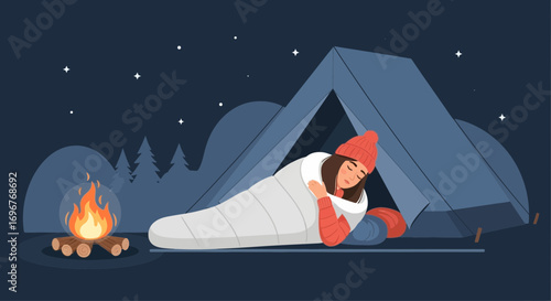 Evening Camping Scene: Peaceful Slumber Under a Starry Sky Next to a Warm Fire