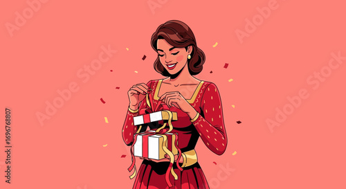 Excited Woman Unwrapping Present with Joyful Expression and Colorful Confetti