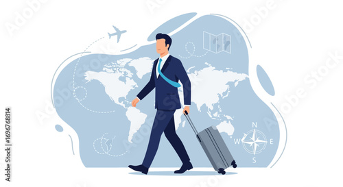 Globetrotting Executive Embarks On International Travel Adventure Via Aeroplane Illustration