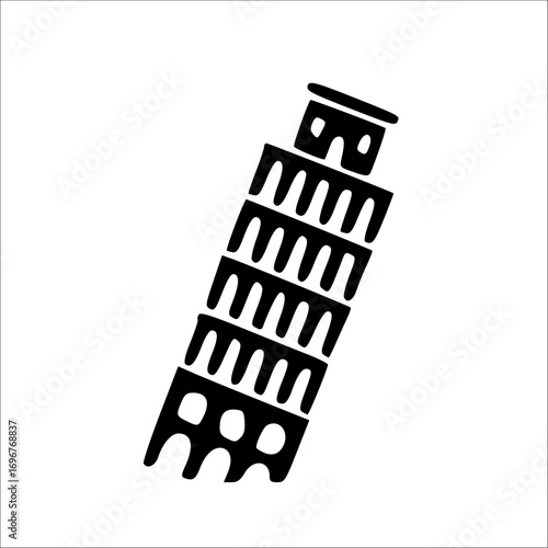 Black and white minimalist illustration of the Leaning Tower of Pisa, showcasing its distinctive tilt and architectural structure.