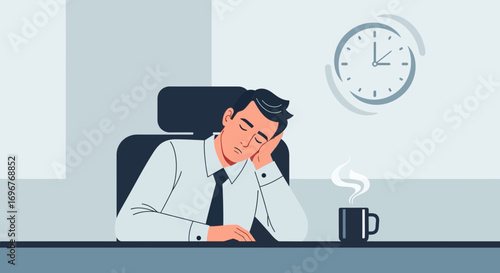 Exhausted Businessman Resting at his Desk with a Clock and a Warm Beverage