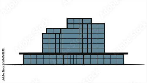 Modern glass hotel building, contemporary architecture with blue reflective facade; minimalist urban hospitality tower illustration, corporate real estate landmark, copy space, skyline design on white