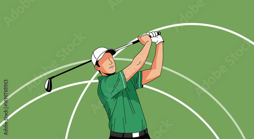 Golfer Swings Club, Depicting Action And Precision On A Green Field.