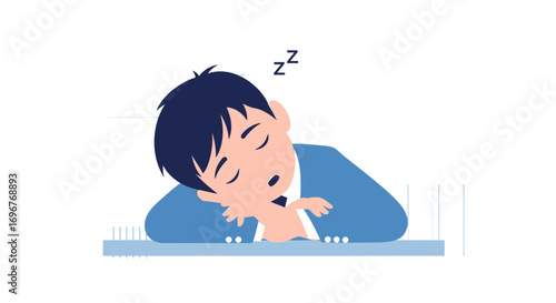 Exhausted Employee Resting Head on Desk During Workday, Flat Illustration Design Concept