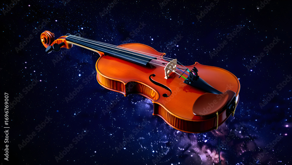 Fototapeta premium Acoustic violin floating in a starry galaxy with nebulae and cosmic dust, representing music