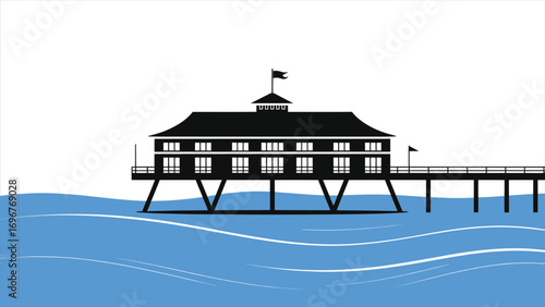 Seaside hotel on pier over ocean waves, vector illustration of overwater resort coastal architecture silhouette with boardwalk, sea and copy space, travel tourism banner for beach vacations calm seas.