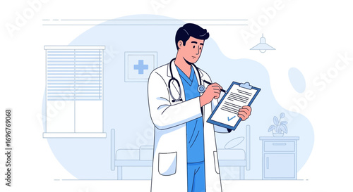 Expert Medical Practitioner Examining Patient Records in a Modern Hospital Setting