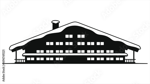 Vector Ski Chalet Hotel Illustration – Black and White Alpine Lodge with Snowy Rooftop, Traditional Mountain Ski Resort Accommodation, Minimalist Winter Graphic