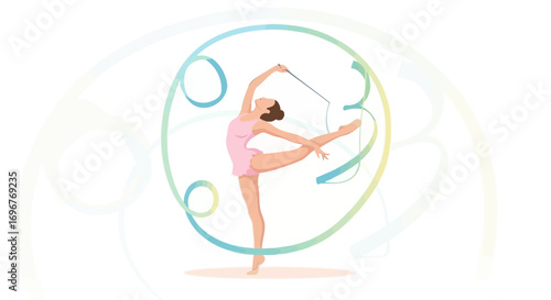 Graceful Rhythmic Gymnast in Motion Performing a Ribbon Routine with Artistic Flair