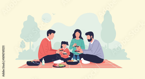 Family Bonding Together Sharing Meal Outside Enjoying Day During Picnic Celebration