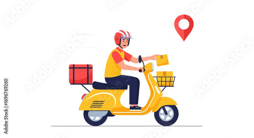 Express Delivery Service Delivering Packages On A Yellow Scooter Across The City Quickly