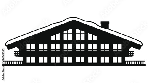 Winter ski chalet hotel silhouette icon. Mountain resort lodge building with snowy roof. Traditional alpine architecture vector illustration isolated on white background for holiday and vacation 